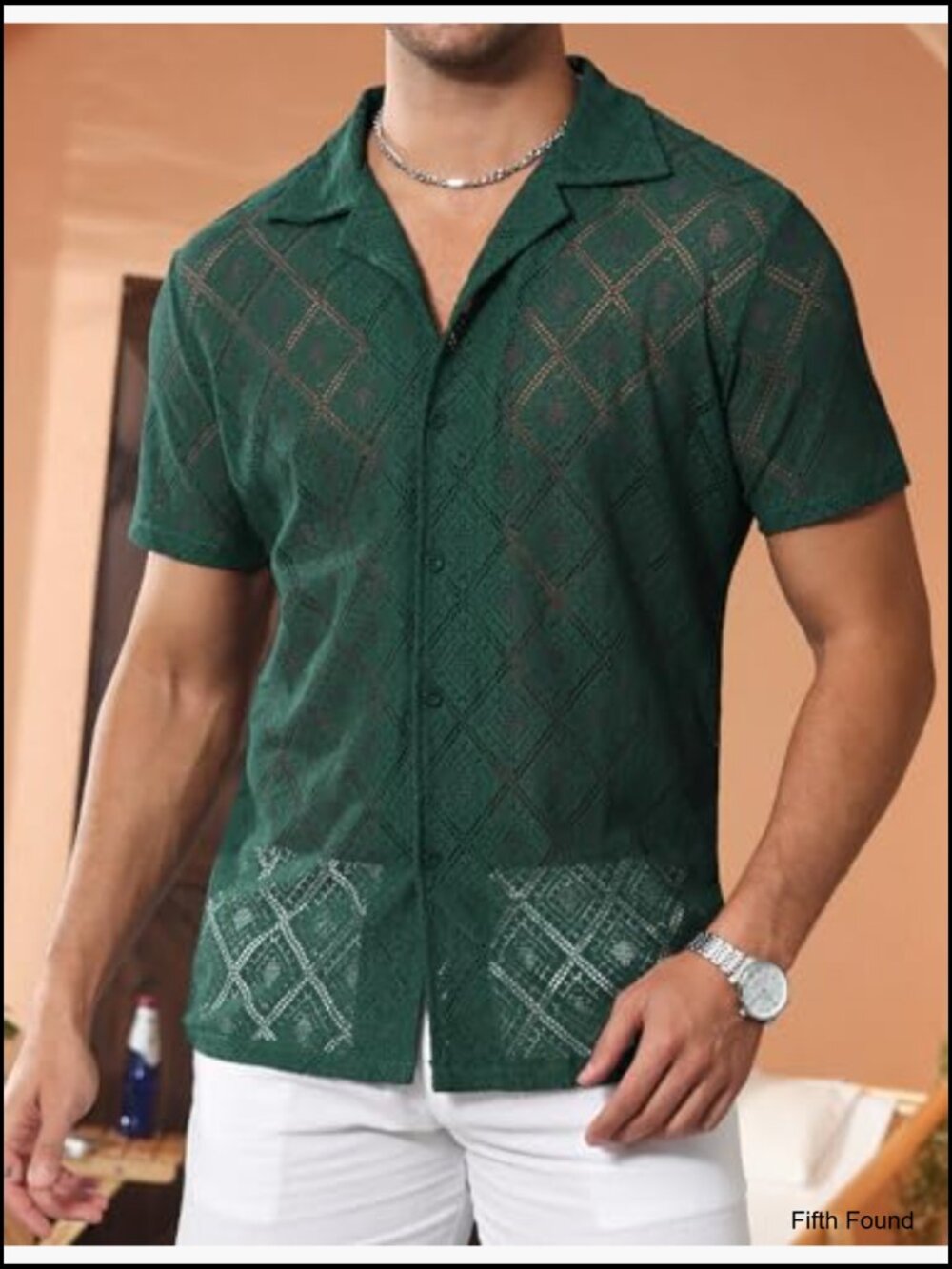 Men's Sheer Lace Button Down Shirt Hollow Out Short Sleeve Casual Beach Shirt - Picture 2 of 7